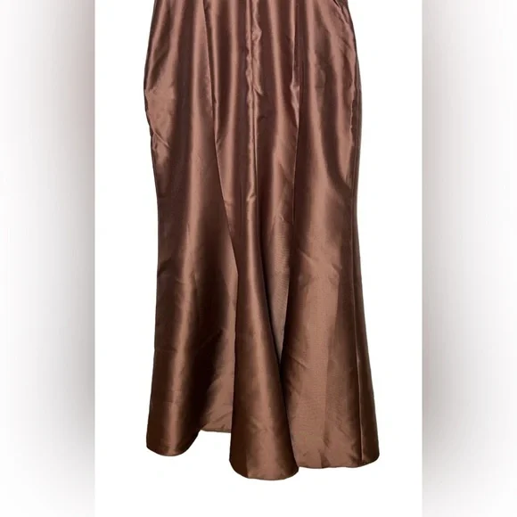 NWT Alfred Sung Deep V-Back Satin Trumpet Dress, One-Shoulder Bow in Cognac, 12R - Picture 10 of 16